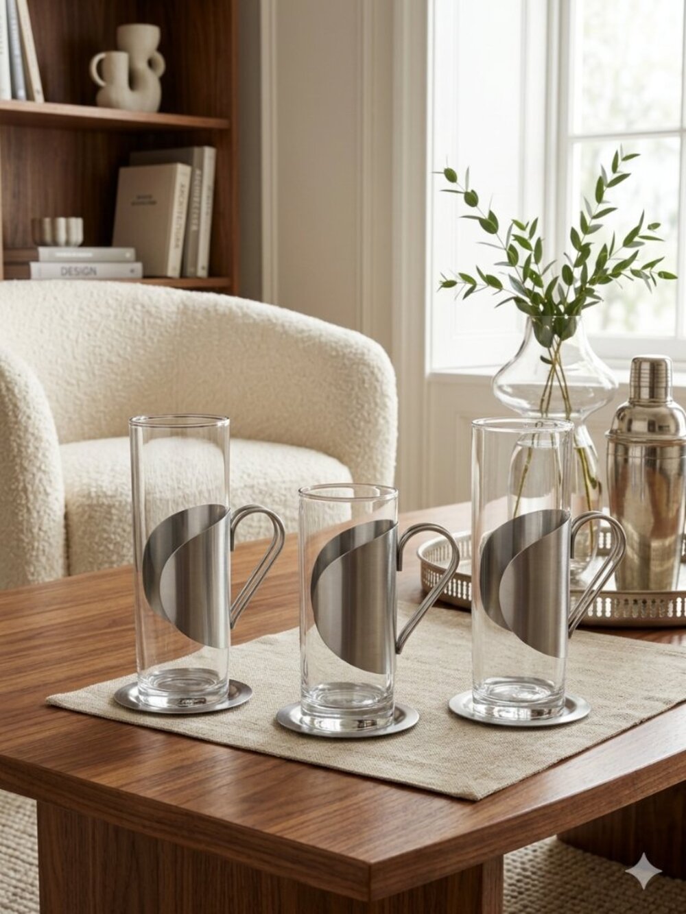 Mid Century Modern Chrome Wrap Sleeve Glass Drinkware Set of Three Vintage